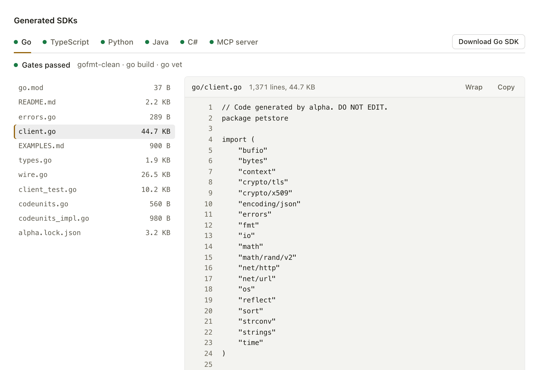 The Alpha console showing six generated target tabs for Go, TypeScript, Python, Java, C sharp and MCP server, each with a passing dot, the Go toolchain gates passed, alongside the generated Go client file tree and an import block containing only Go standard library packages.